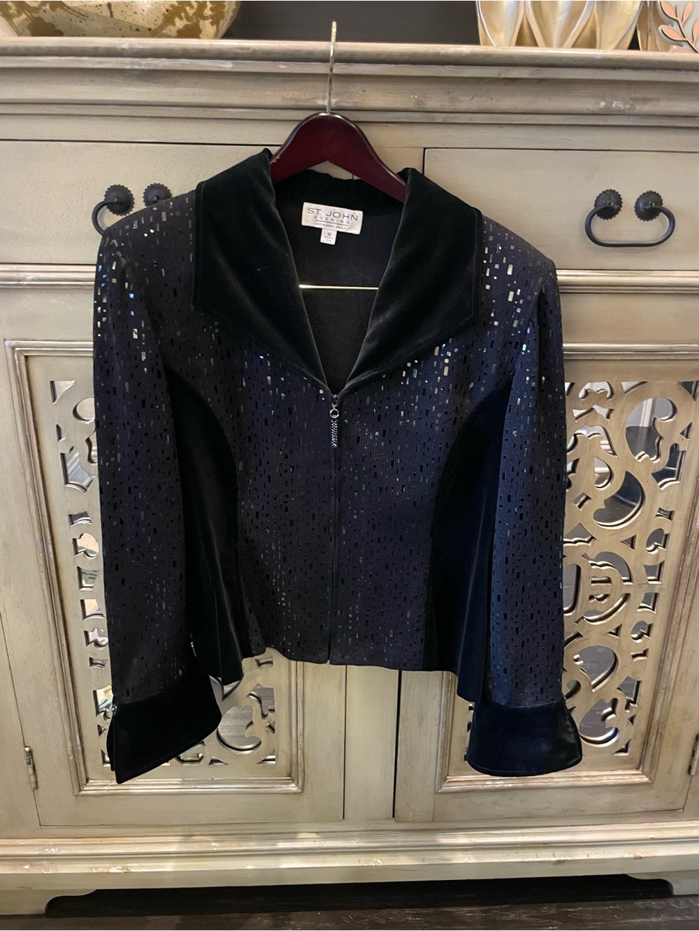 St. John Evening black Velvet-Accented Zip Jacket